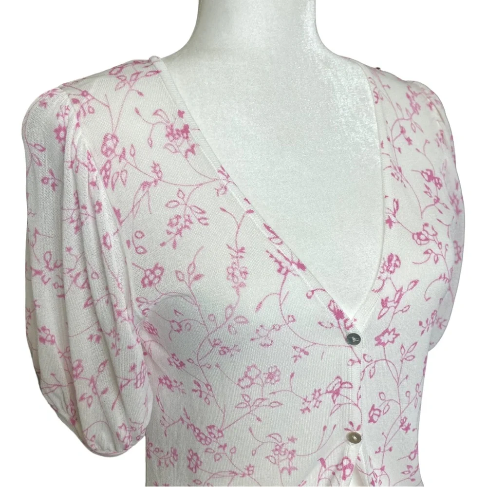 NWT Zara Women's puff short sleeve white floral open front cardigan, Sz L